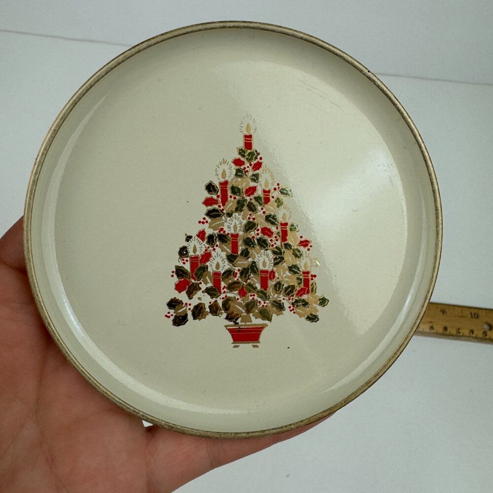 Vtg Single Round Coaster Holiday Christmas Gold Metallic Tree w‎ Candles Plastic